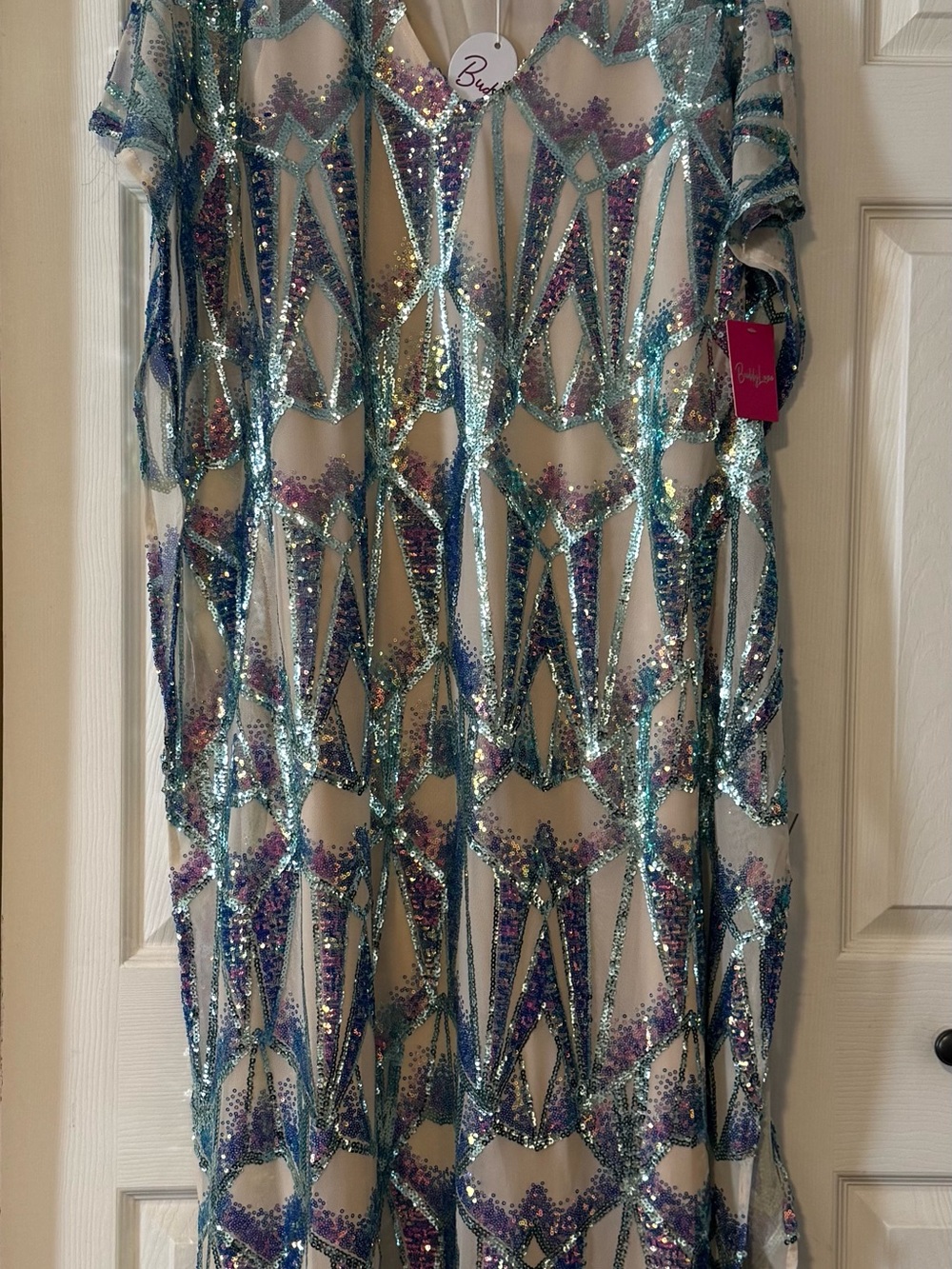 Buddy Love Iridescent Sequin Maxi Dress in Blue, white  & Silver